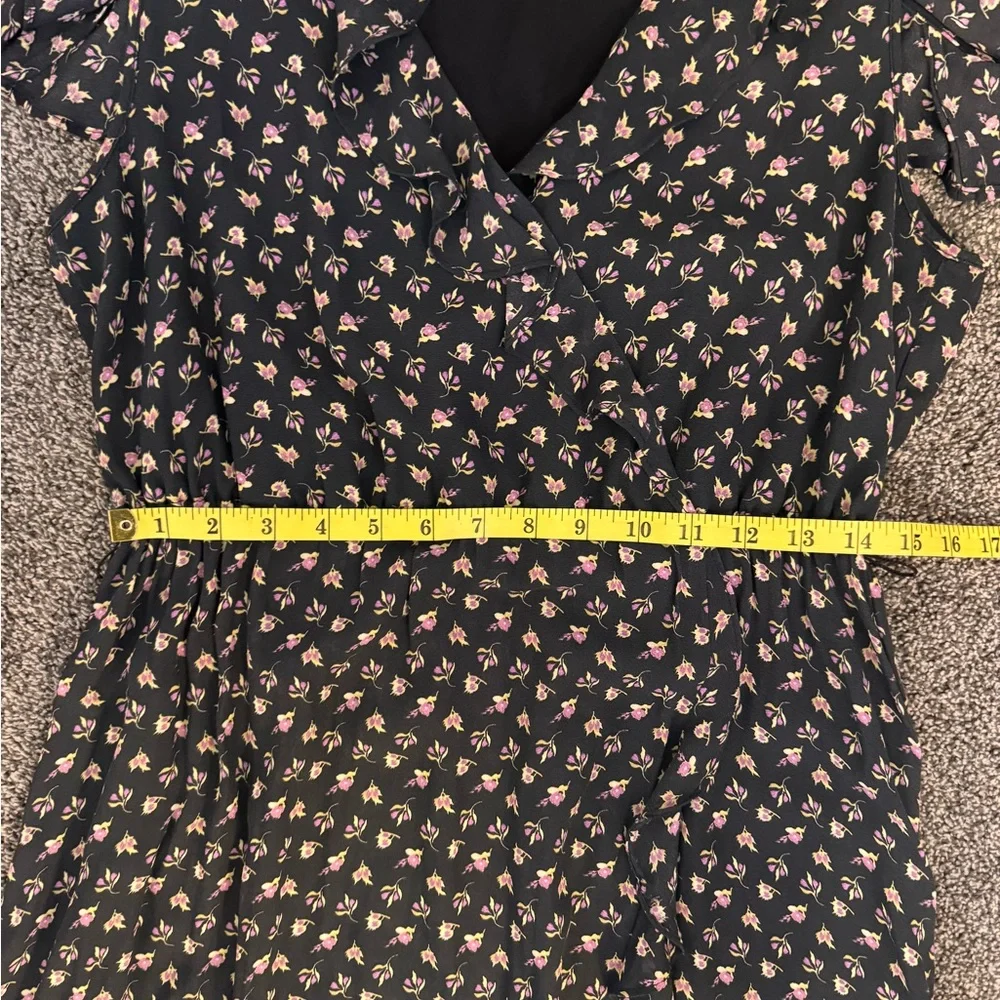 LOFT Black & Pink Midi Dress Faux Wrap Size Medium Cold Shoulder Missing Belt - Picture 11 of 12